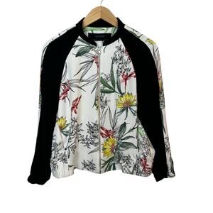Zara Basic Jacket Womens Medium‎ Textured Floral Print Zip Up Bomber Art To Wear